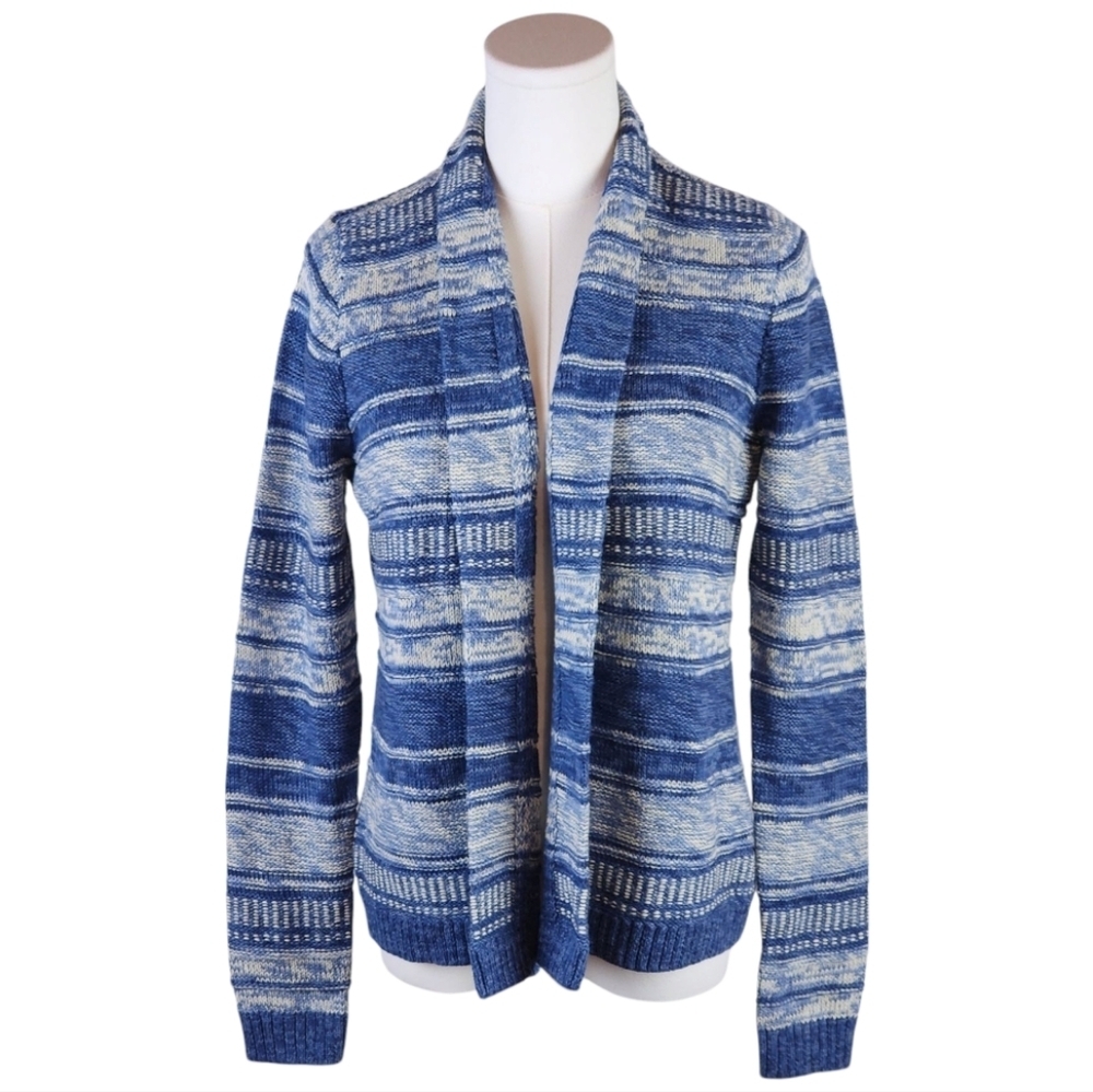 Chaps Petite Blue White Open Front Cardigan Sweater Pm Cotton Blend Knit